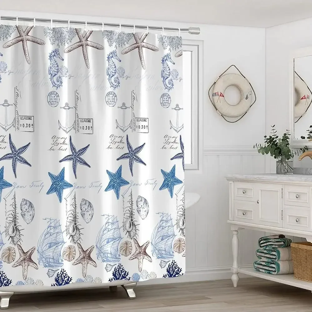 Coastal Shower Curtain for Bathroom Underwater World Marine Life Print Bath...